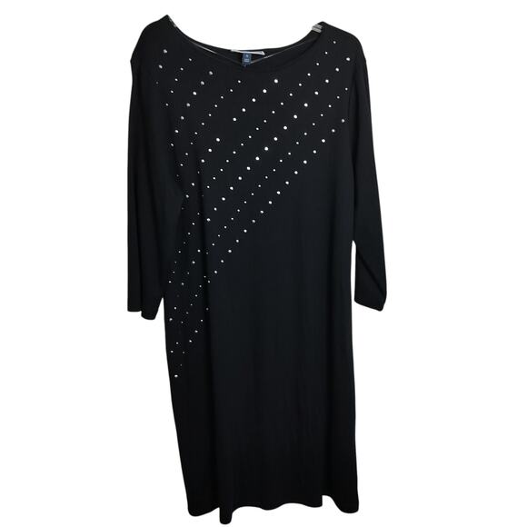 4449)Karen Scott Sport Deep Black 3/4 Sleeve Studded Boat Neck Plus Dress 1X - Picture 1 of 9